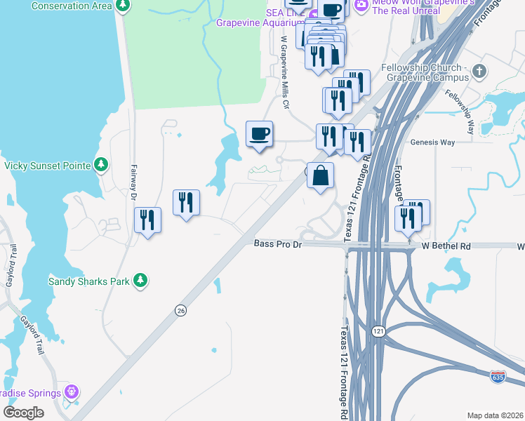 map of restaurants, bars, coffee shops, grocery stores, and more near 1775 Texas 26 in Grapevine