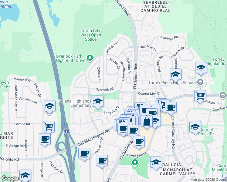 map of restaurants, bars, coffee shops, grocery stores, and more near 3681 Overpark Road in San Diego