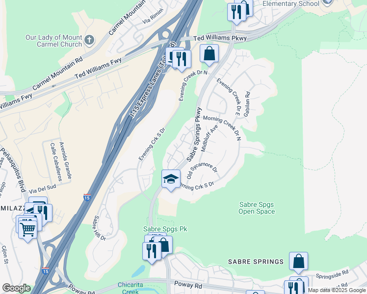 map of restaurants, bars, coffee shops, grocery stores, and more near 13155 Wimberly Square in San Diego