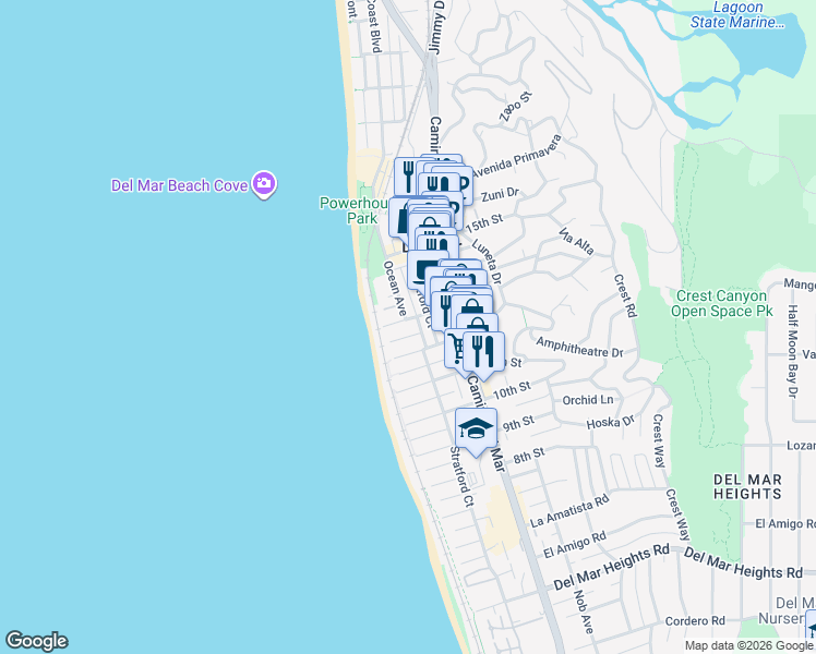 map of restaurants, bars, coffee shops, grocery stores, and more near 145 13th Street in Del Mar