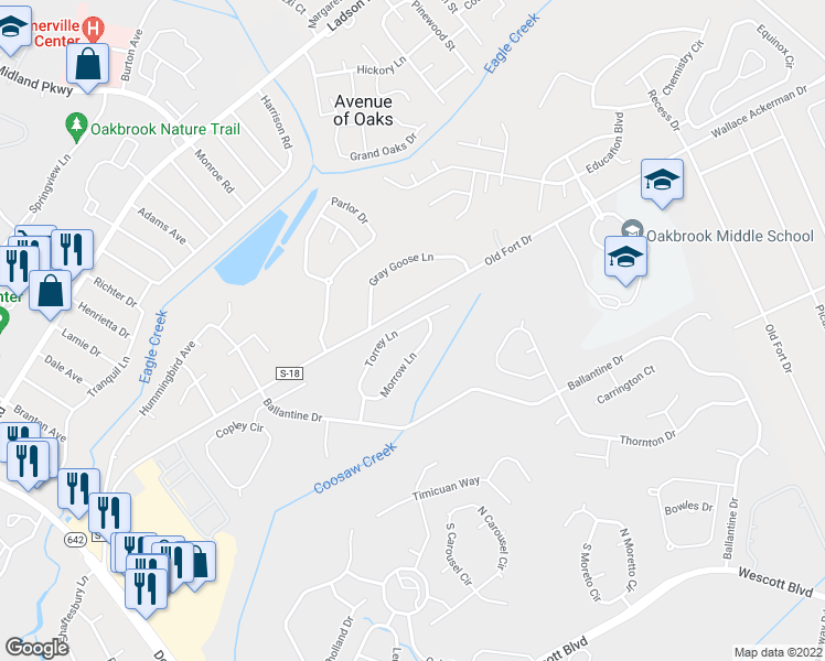 map of restaurants, bars, coffee shops, grocery stores, and more near 5117 Torrey Lane in Summerville