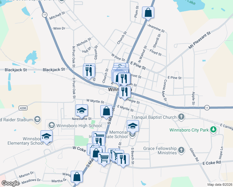 map of restaurants, bars, coffee shops, grocery stores, and more near 198 East Carnegie Street in Winnsboro