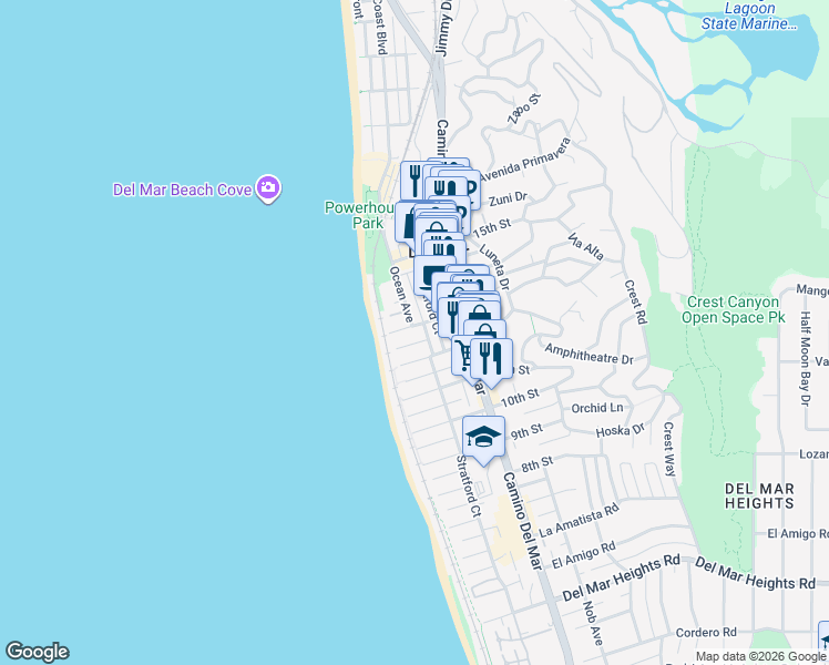 map of restaurants, bars, coffee shops, grocery stores, and more near 145 13th Street in Del Mar