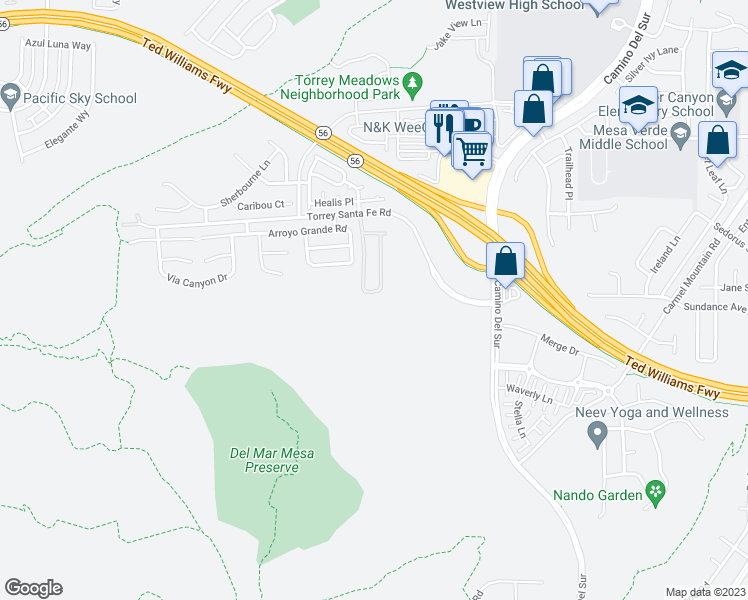 map of restaurants, bars, coffee shops, grocery stores, and more near 7525 Torrey Santa Fe Road in San Diego