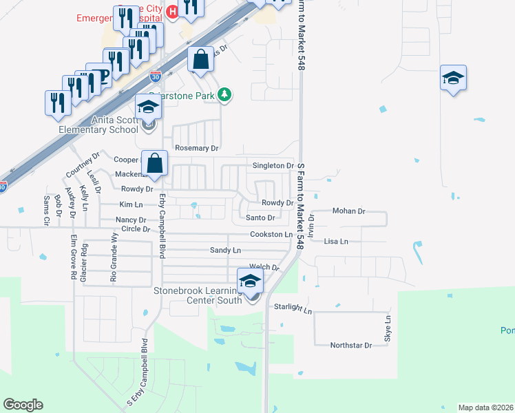 map of restaurants, bars, coffee shops, grocery stores, and more near 217 Rowdy Drive in Royse City