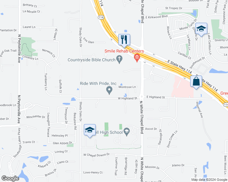 map of restaurants, bars, coffee shops, grocery stores, and more near 321 Montrose Lane in Southlake