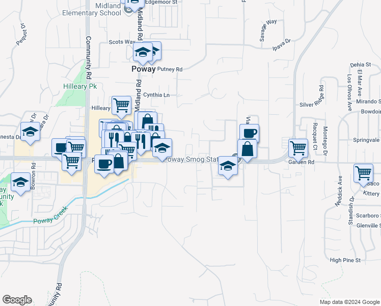 map of restaurants, bars, coffee shops, grocery stores, and more near 13830 Poway Road in Poway