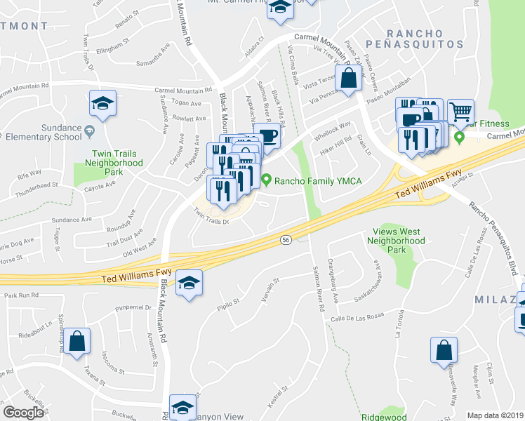 map of restaurants, bars, coffee shops, grocery stores, and more near 9428 Twin Trails Drive in San Diego