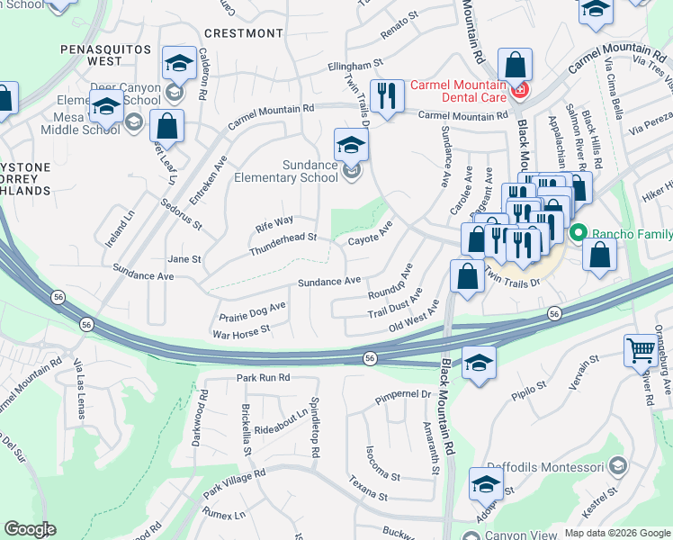 map of restaurants, bars, coffee shops, grocery stores, and more near 13100 Thunderhead Street in San Diego