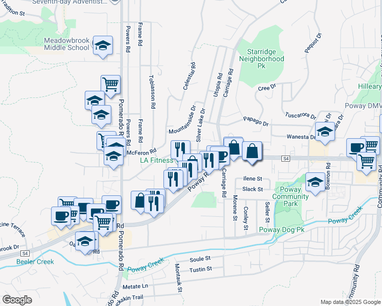 map of restaurants, bars, coffee shops, grocery stores, and more near 12643 Robison Boulevard in Poway