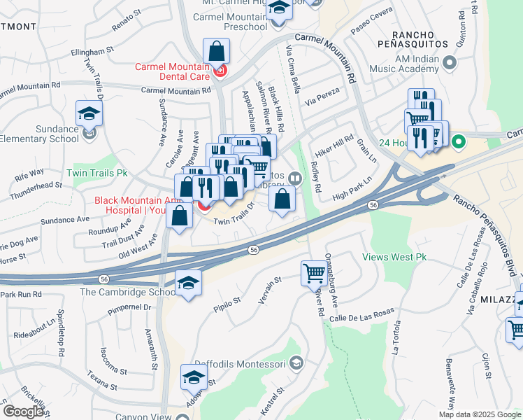 map of restaurants, bars, coffee shops, grocery stores, and more near 9444 Twin Trails Drive in San Diego