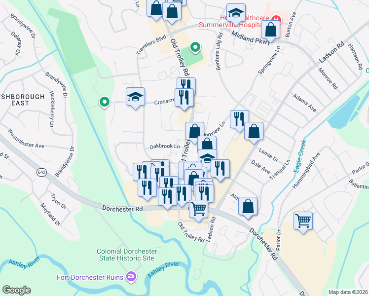 map of restaurants, bars, coffee shops, grocery stores, and more near 1000 Oakbrook Lane in Summerville