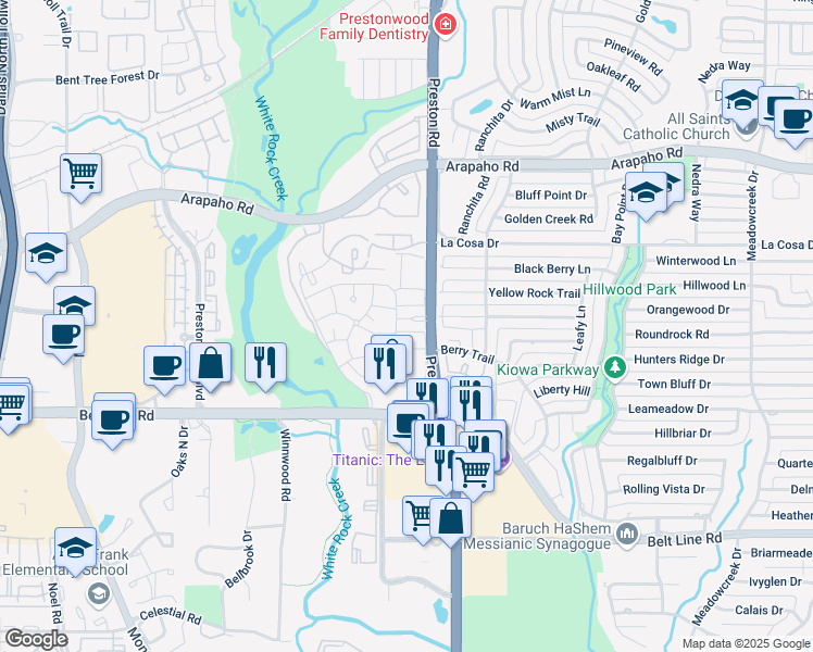 map of restaurants, bars, coffee shops, grocery stores, and more near 15249 Preston Road in Dallas