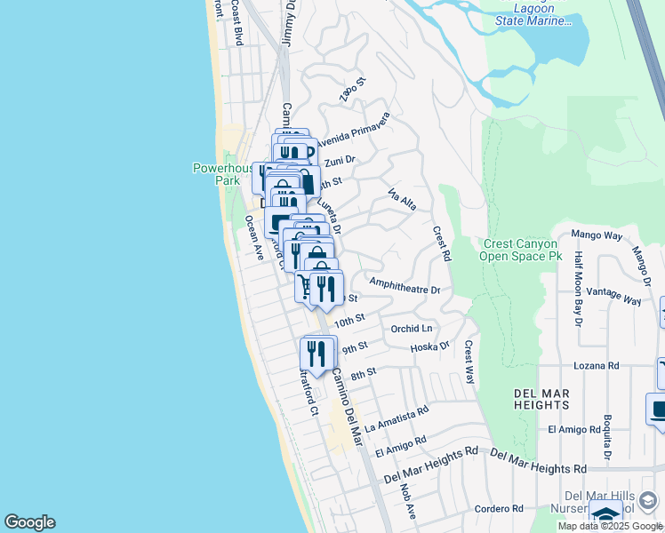 map of restaurants, bars, coffee shops, grocery stores, and more near 1209 Luneta Drive in Del Mar