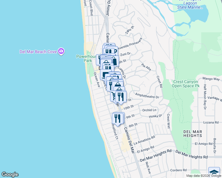 map of restaurants, bars, coffee shops, grocery stores, and more near 1173 Camino Del Mar in Del Mar