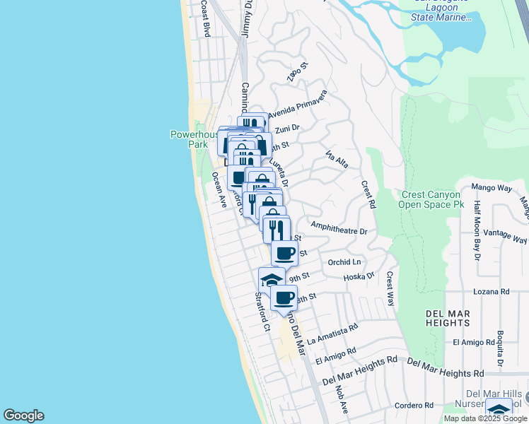 map of restaurants, bars, coffee shops, grocery stores, and more near 1173 Camino Del Mar in Del Mar