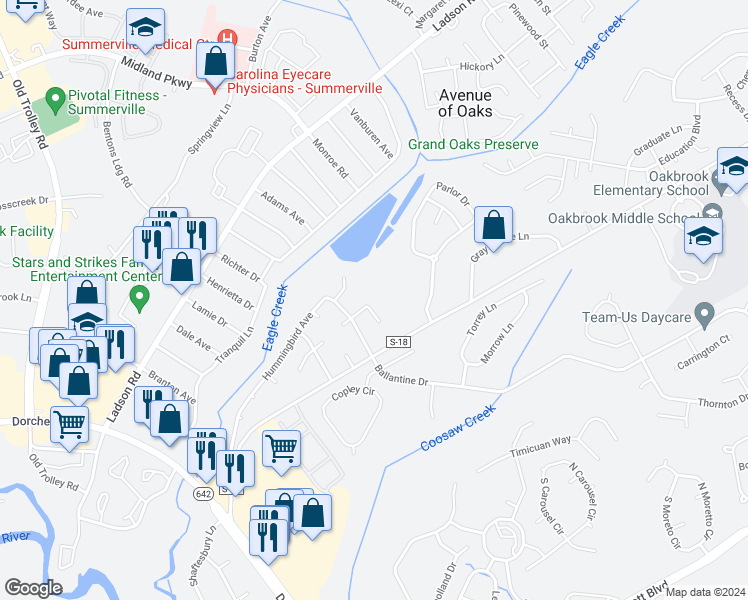 map of restaurants, bars, coffee shops, grocery stores, and more near 807 Sandpiper Drive in Ladson