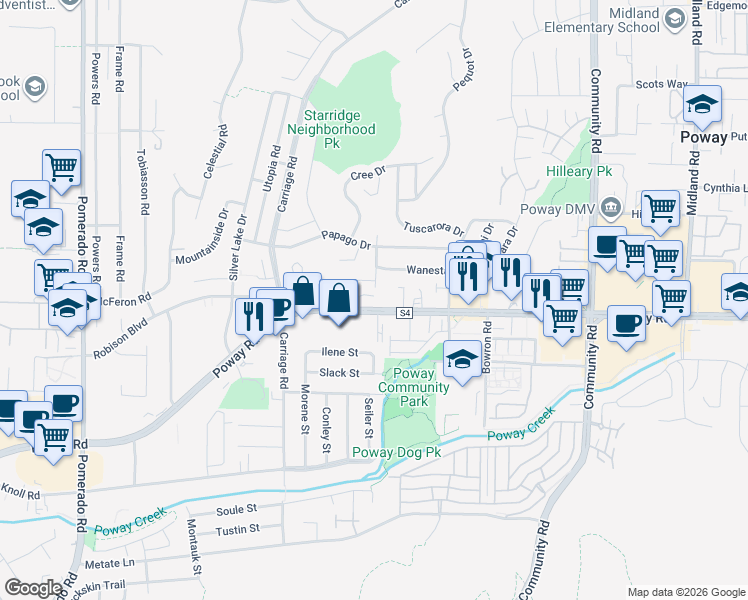 map of restaurants, bars, coffee shops, grocery stores, and more near 12963 Poway Road in Poway