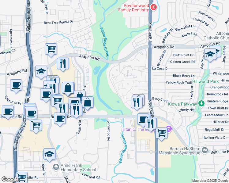 map of restaurants, bars, coffee shops, grocery stores, and more near 5769 Belt Line Road in Dallas