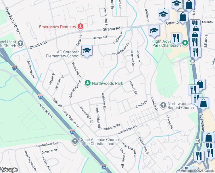 map of restaurants, bars, coffee shops, grocery stores, and more near 8348 Waltham Road in North Charleston