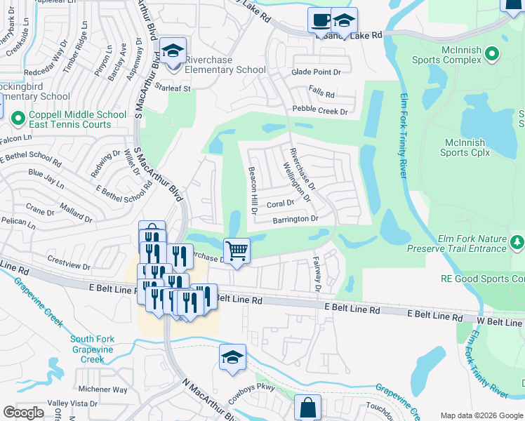 map of restaurants, bars, coffee shops, grocery stores, and more near 1306 Barrington Drive in Coppell