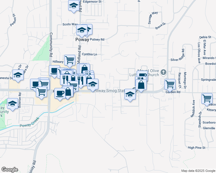 map of restaurants, bars, coffee shops, grocery stores, and more near 13230 Johannesberg Way in Poway