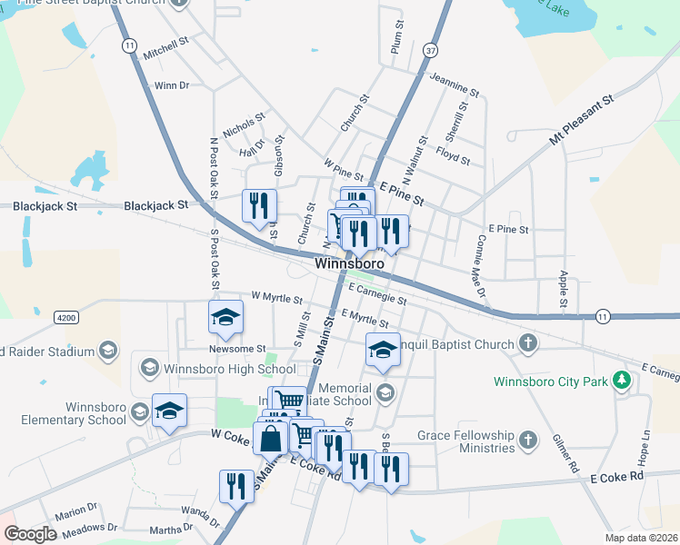 map of restaurants, bars, coffee shops, grocery stores, and more near 100-198 E Carnegie St in Winnsboro