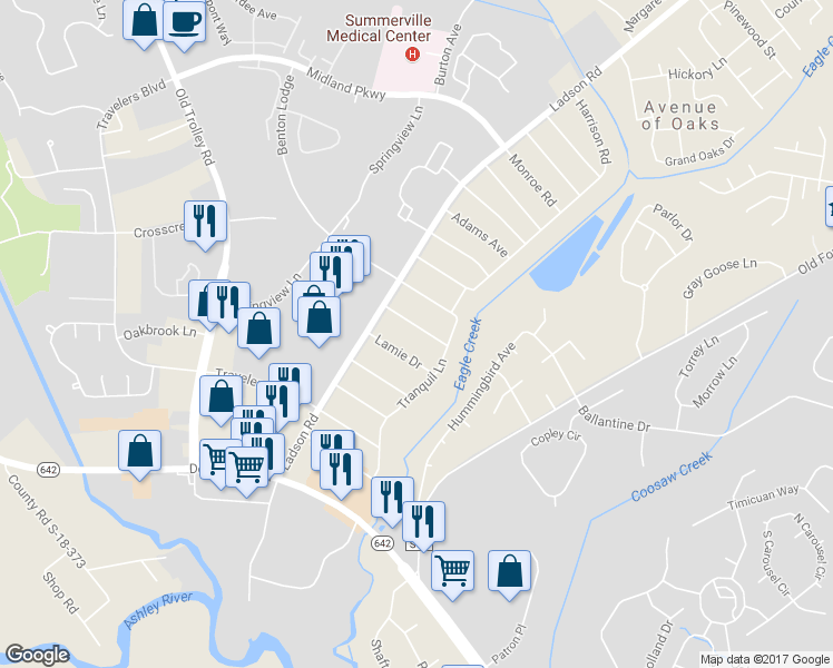 map of restaurants, bars, coffee shops, grocery stores, and more near 112 Henrietta Drive in Ladson