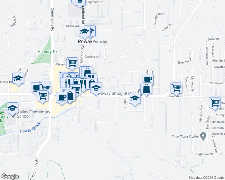 map of restaurants, bars, coffee shops, grocery stores, and more near 13230 Johannesberg Way in Poway