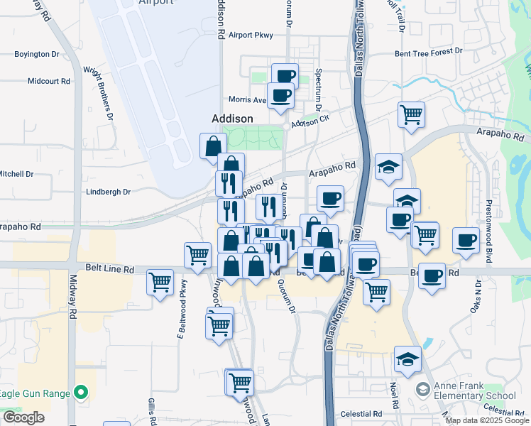 map of restaurants, bars, coffee shops, grocery stores, and more near 15255 Quorum Drive in Addison