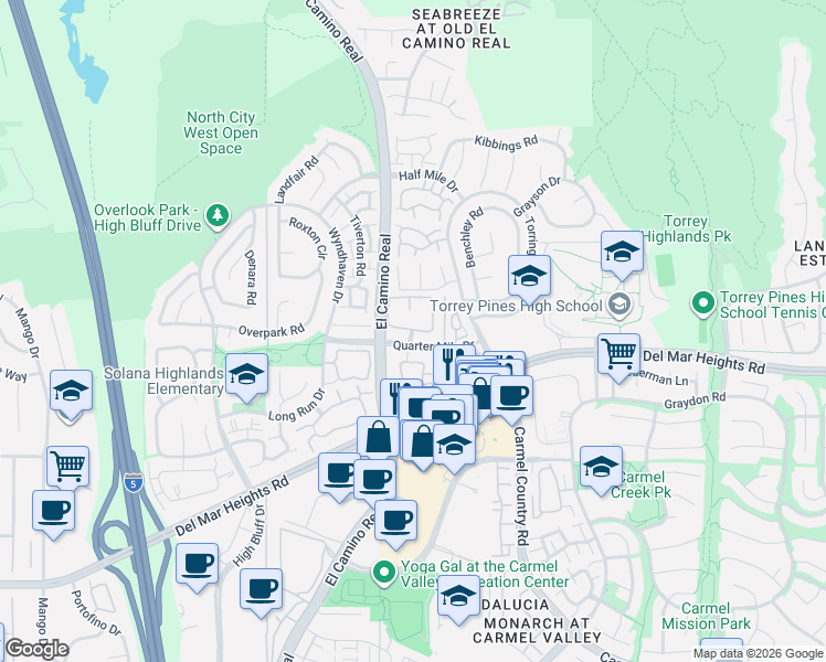 map of restaurants, bars, coffee shops, grocery stores, and more near 13112 Kellam Court in San Diego