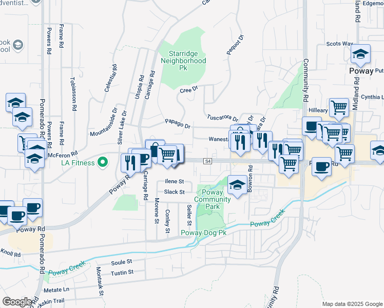 map of restaurants, bars, coffee shops, grocery stores, and more near 12963 Poway Road in Poway