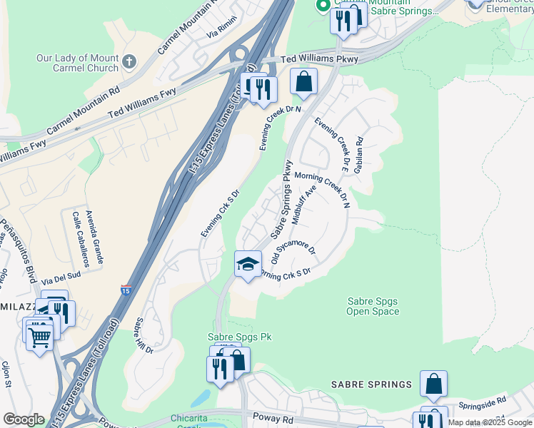 map of restaurants, bars, coffee shops, grocery stores, and more near 13175 Wimberly Square in San Diego