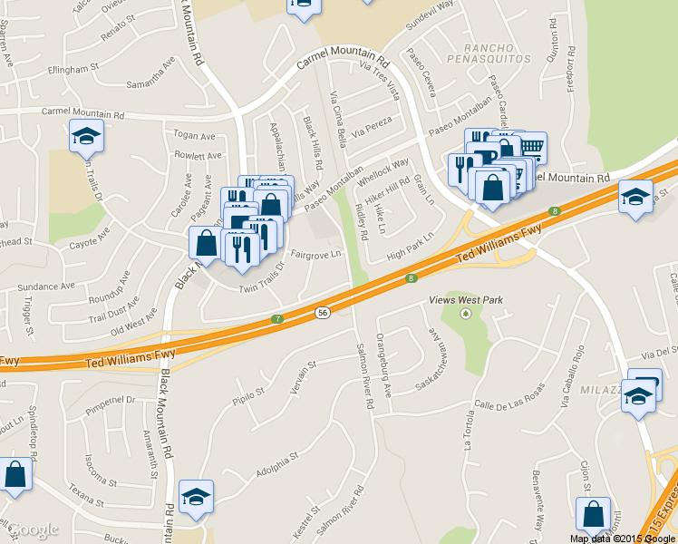 map of restaurants, bars, coffee shops, grocery stores, and more near 13262 Salmon River Road in San Diego