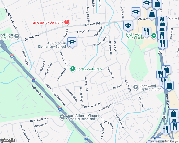 map of restaurants, bars, coffee shops, grocery stores, and more near 8348 Waltham Road in North Charleston