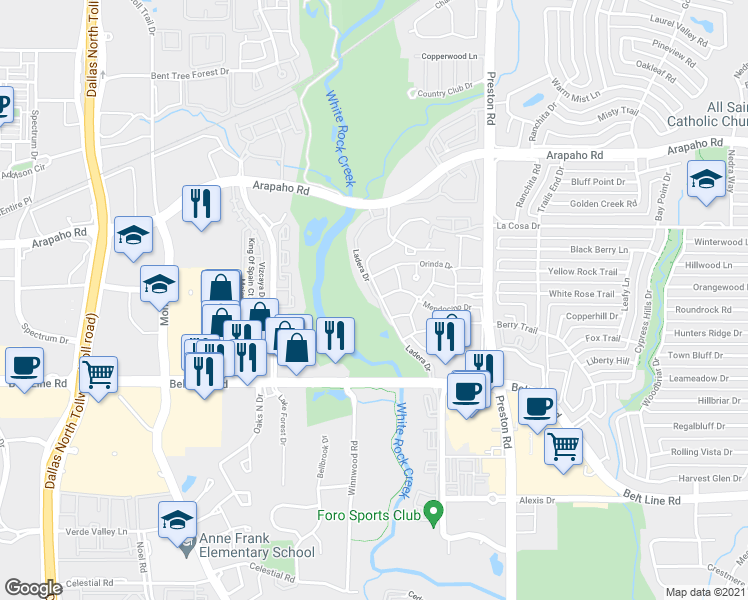 map of restaurants, bars, coffee shops, grocery stores, and more near 5769 Belt Line Road in Dallas
