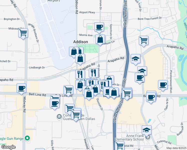 map of restaurants, bars, coffee shops, grocery stores, and more near 15255 Quorum Drive in Addison