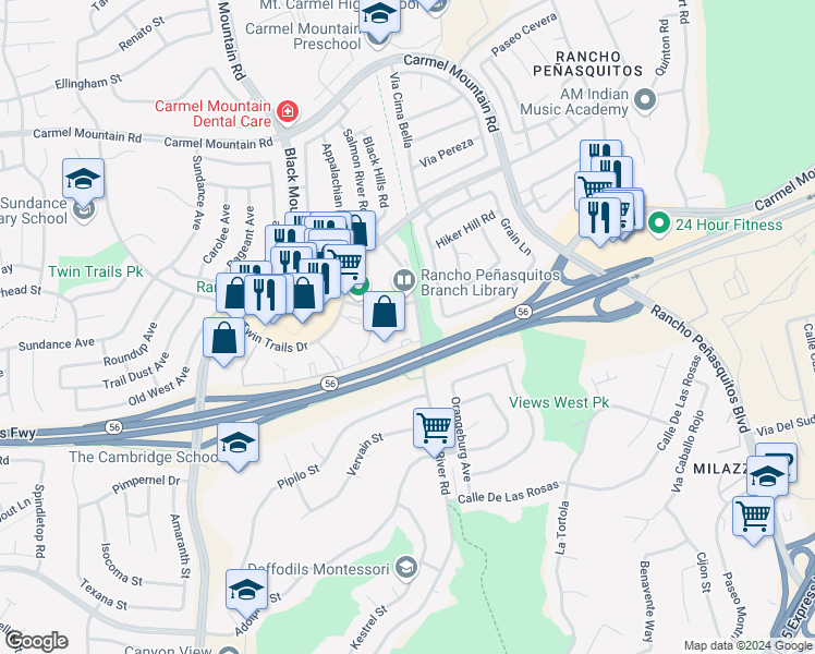 map of restaurants, bars, coffee shops, grocery stores, and more near 9489 Fairgrove Lane in San Diego