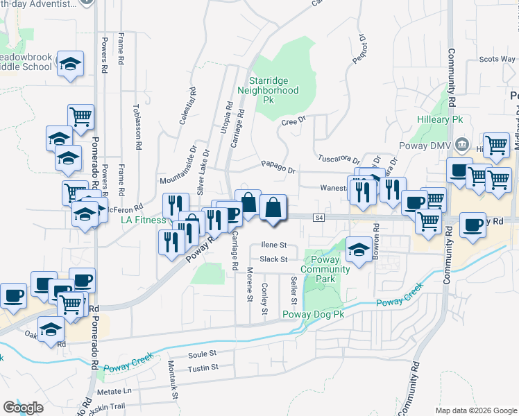 map of restaurants, bars, coffee shops, grocery stores, and more near 12818 Carriage Heights Way in Poway