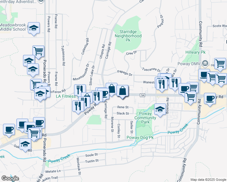 map of restaurants, bars, coffee shops, grocery stores, and more near 12813 Carriage Heights Way in Poway