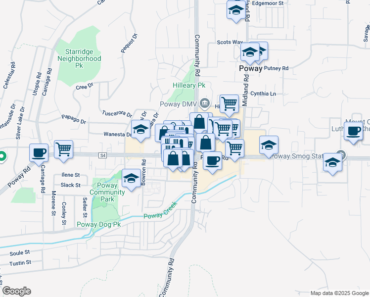 map of restaurants, bars, coffee shops, grocery stores, and more near 13341 Poway Road in Poway