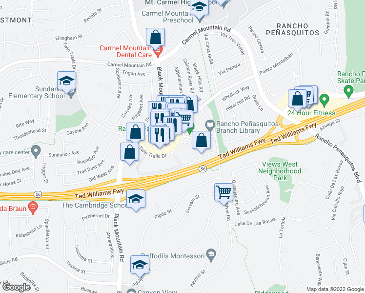 map of restaurants, bars, coffee shops, grocery stores, and more near 9454 Twin Trails Drive in San Diego