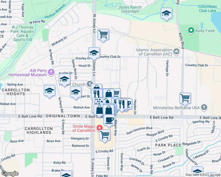 map of restaurants, bars, coffee shops, grocery stores, and more near 1919 Walnut Plaza in Carrollton