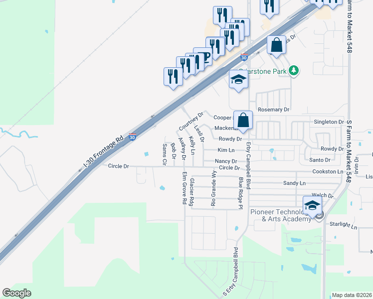 map of restaurants, bars, coffee shops, grocery stores, and more near 1712 Bob Drive in Royse City