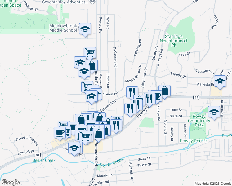 map of restaurants, bars, coffee shops, grocery stores, and more near Tobiasson Road & McFeron Road in Poway