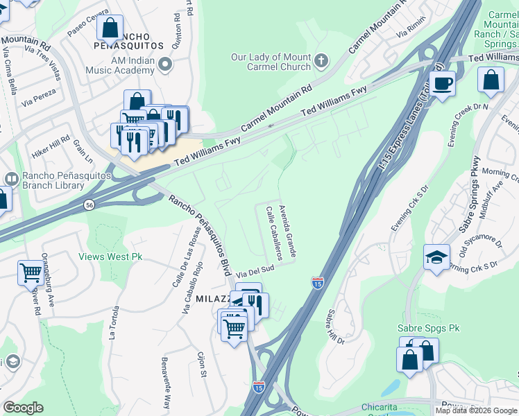 map of restaurants, bars, coffee shops, grocery stores, and more near 13193 Avenida Del General in San Diego