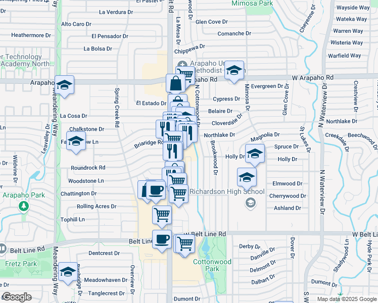 map of restaurants, bars, coffee shops, grocery stores, and more near 400 North Coit Road in Richardson