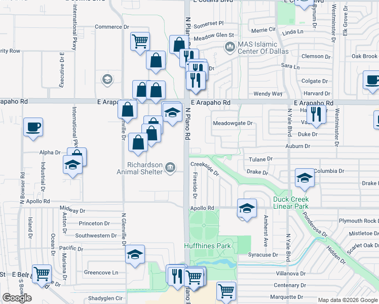 map of restaurants, bars, coffee shops, grocery stores, and more near 1405 Creekside Drive in Richardson
