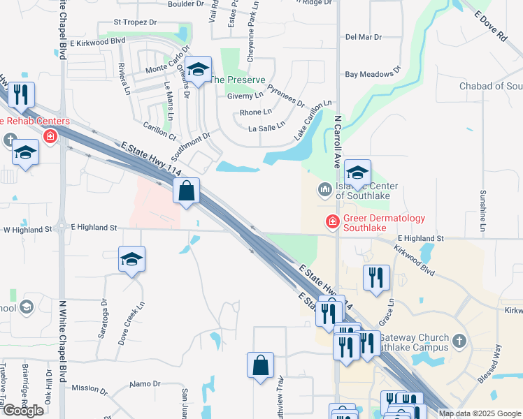 map of restaurants, bars, coffee shops, grocery stores, and more near 700 East State Highway 114 in Southlake
