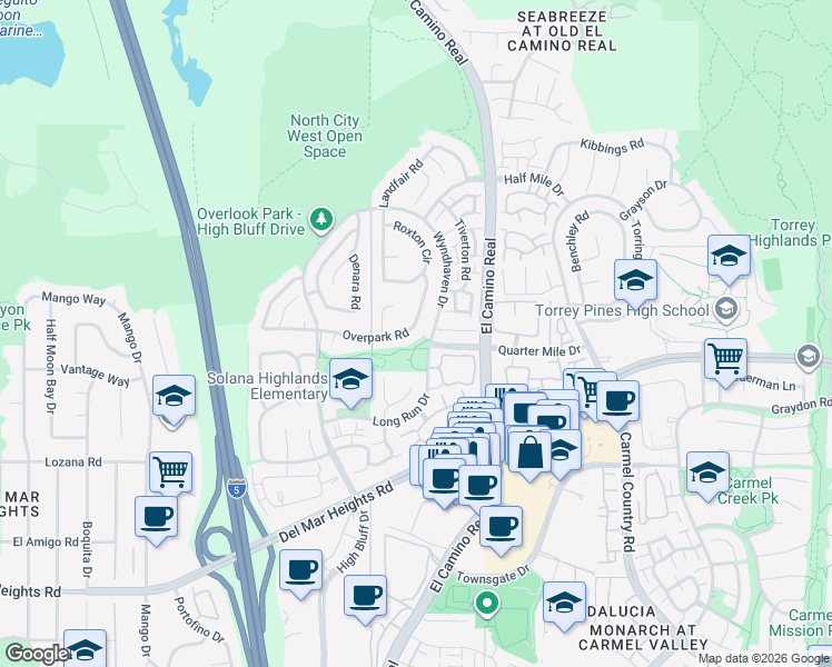 map of restaurants, bars, coffee shops, grocery stores, and more near 3681 Overpark Road in San Diego